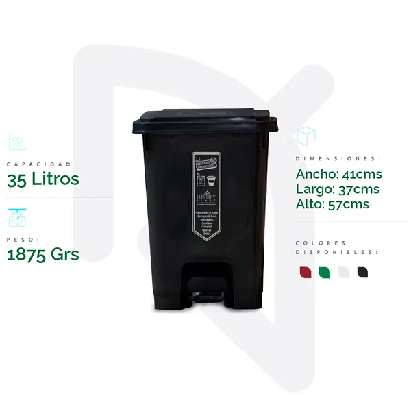 Papelera Tapa Pedal 35 Litros Negra Luxury Plast Und
